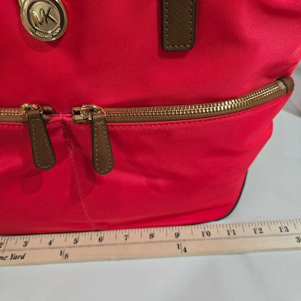 Michael Kors Polly Tote Bag Watermelon Coral Red Nylon Tan Leather Trim